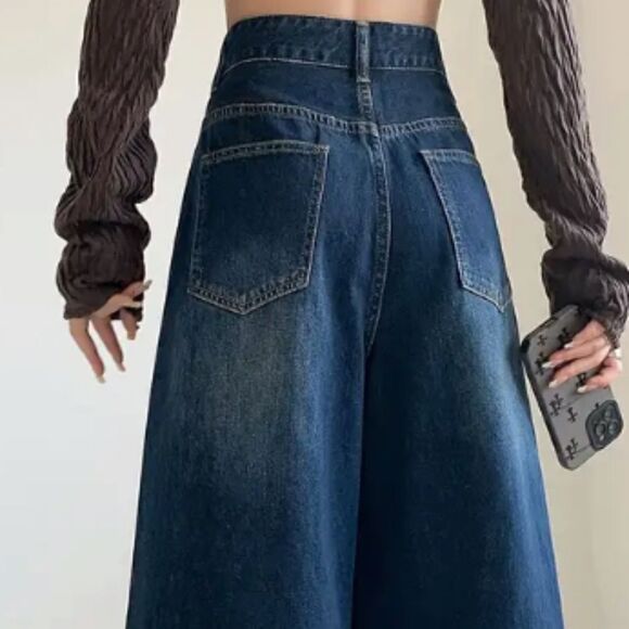 NEW Super Wide Leg Dark Blue Denim Jeans Elephant Legs Baggy Trendy Giant Flare - Picture 6 of 8